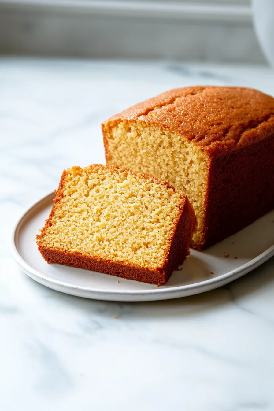 Loaf of homemade pound cake with one slice cut to reveal a tender crumb.