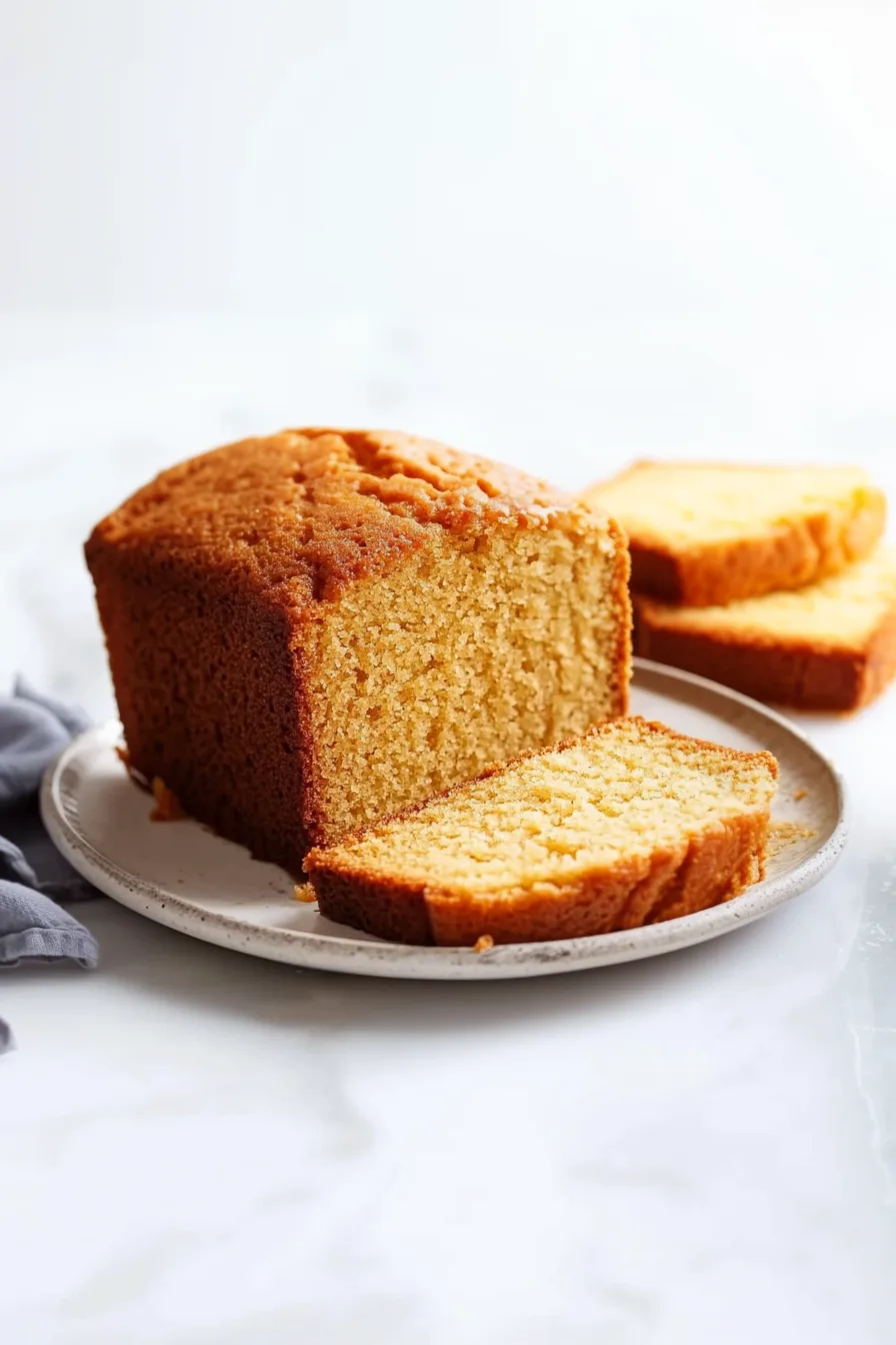 Buttery, rich pound cake with caramelized crust and fluffy center.