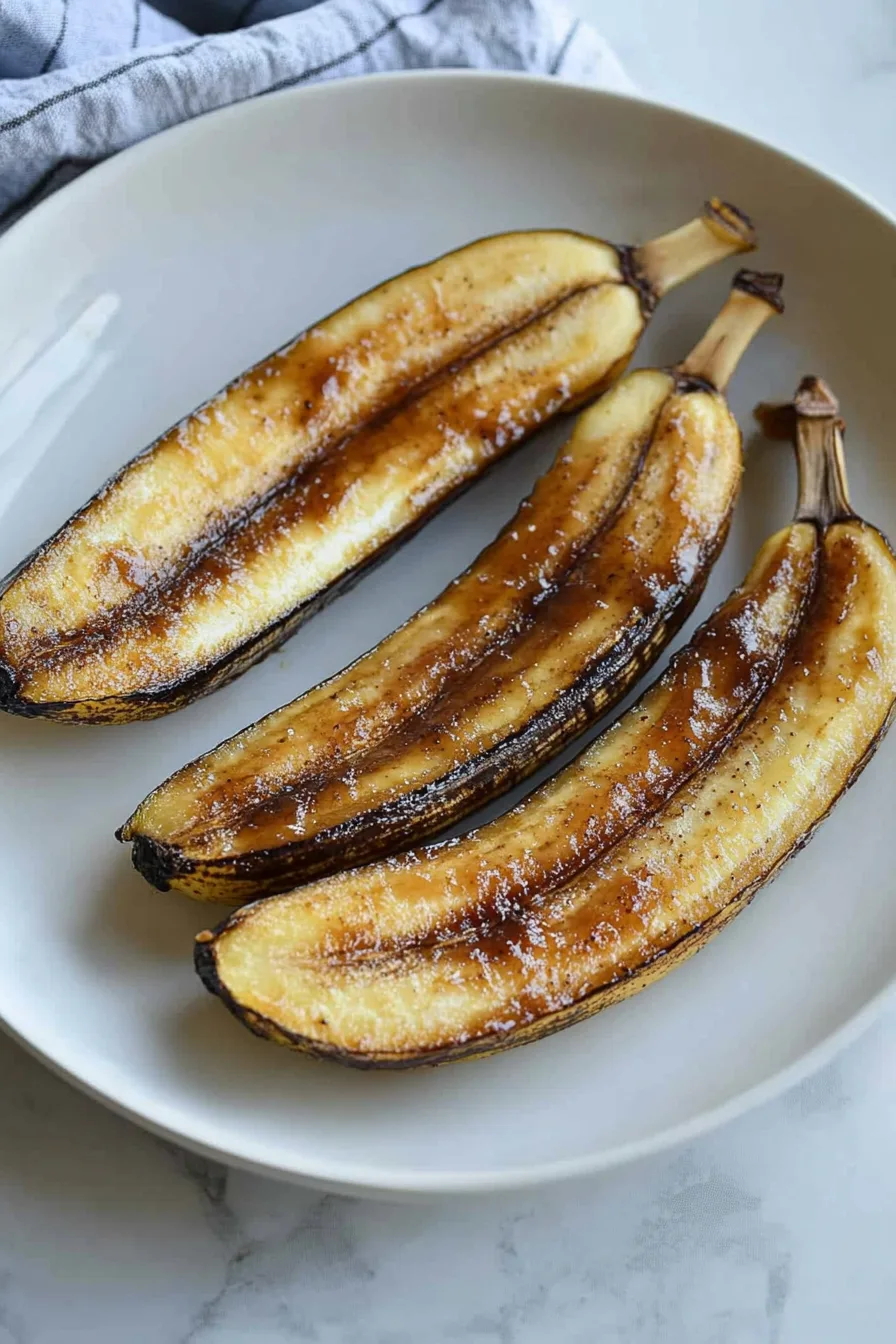 Sweet, pan-caramelized bananas arranged neatly on a serving plate.