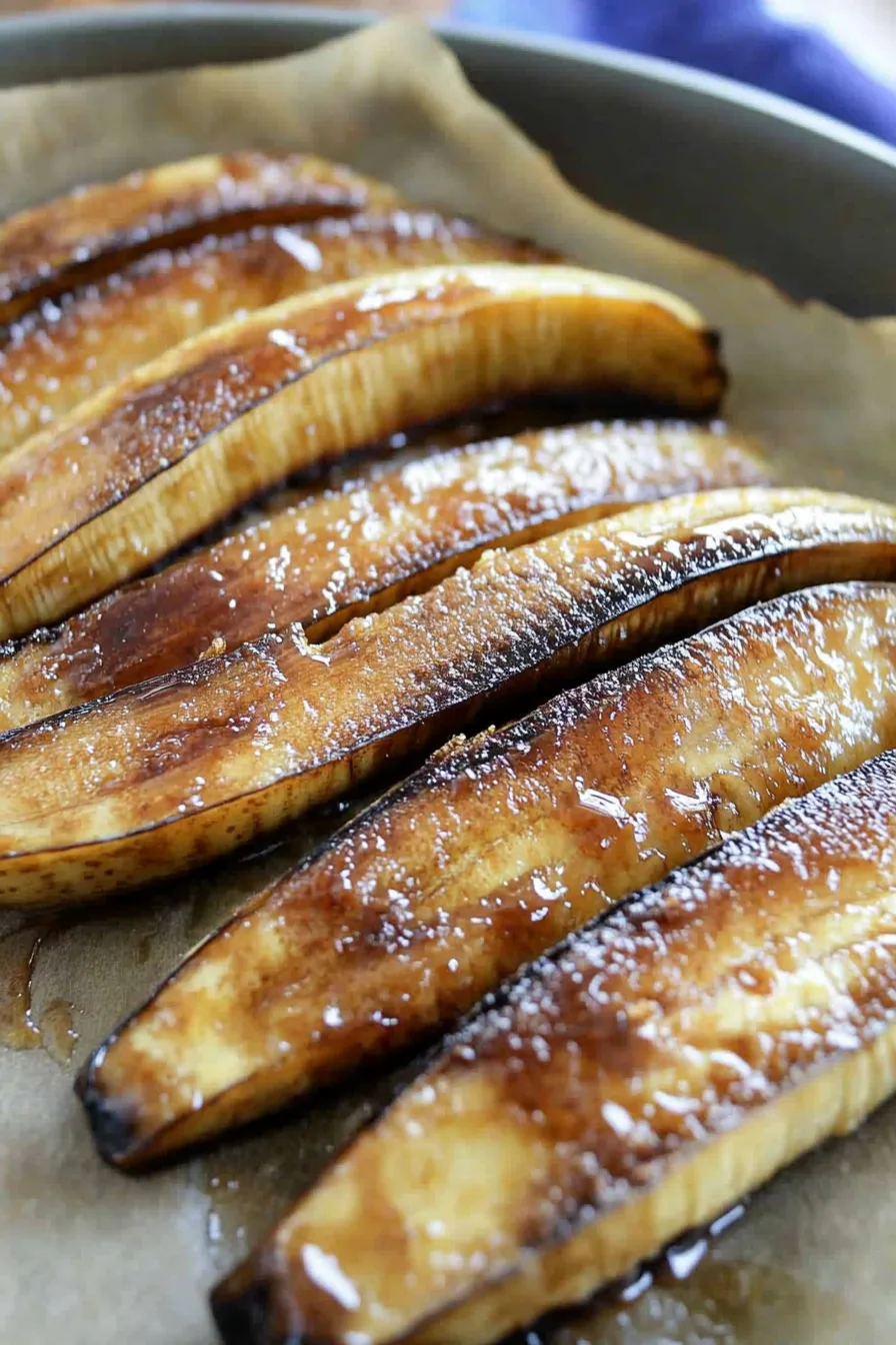 Golden bananas with melted sugar and browned edges fresh from cooking.