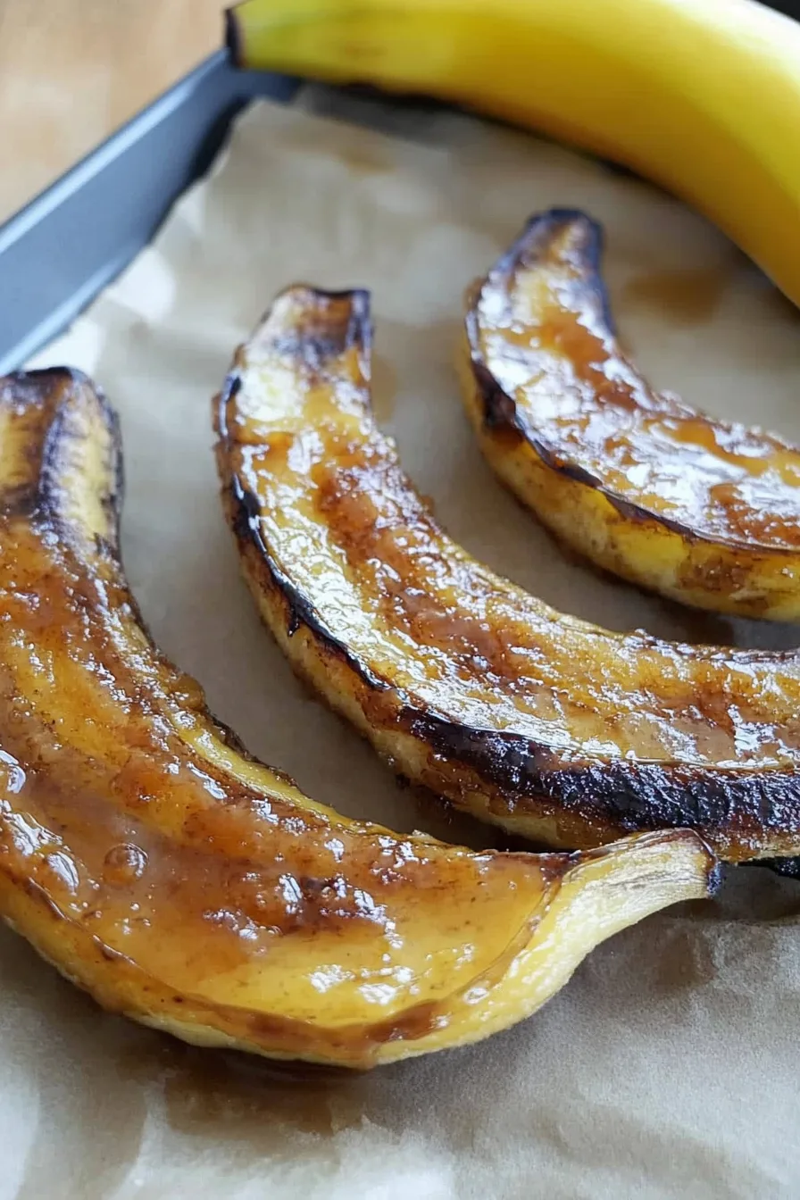 Finished dessert showing tender bananas covered in a sticky caramel glaze.