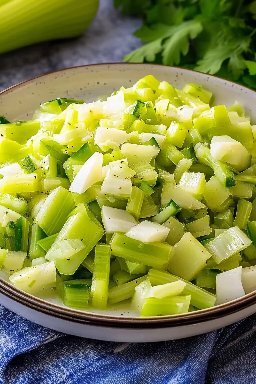 Freshly chopped vegetable medley served in a shallow dish with visible seasoning.