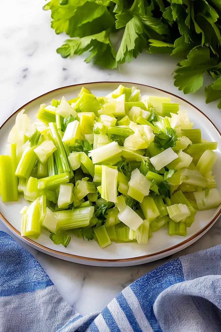 Bright green vegetable mixture arranged on a plate, showcasing its fresh and juicy texture.