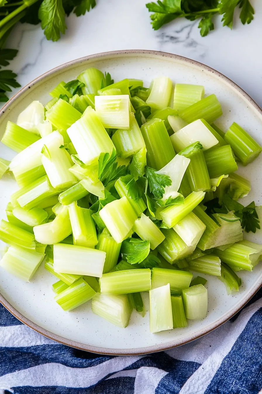 Top-down view of small, crisp green pieces coated in a light, pepper-speckled dressing.