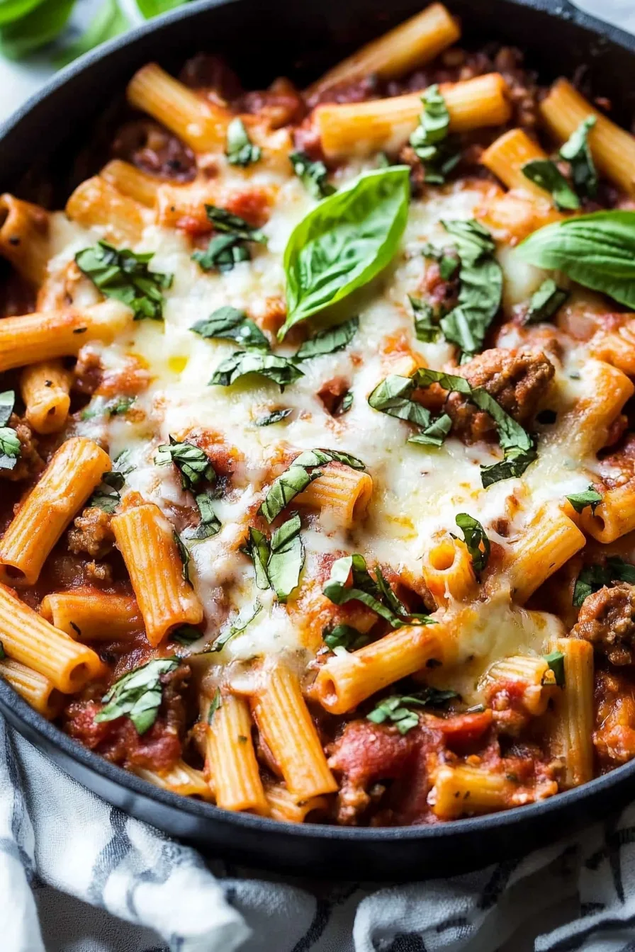 Close-up of a bowl filled with noodles, browned sausage, and herbs.