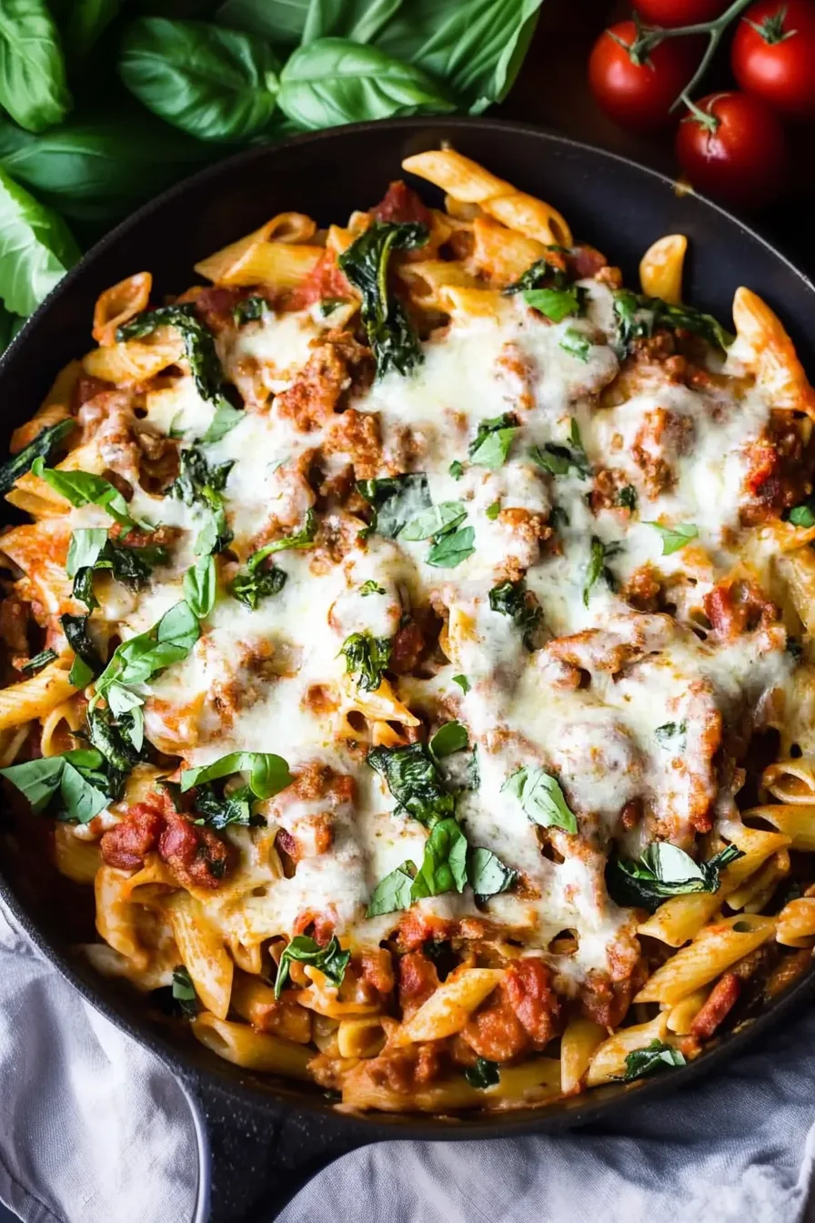 Finished pasta dish served on a plate with sausage scattered throughout.