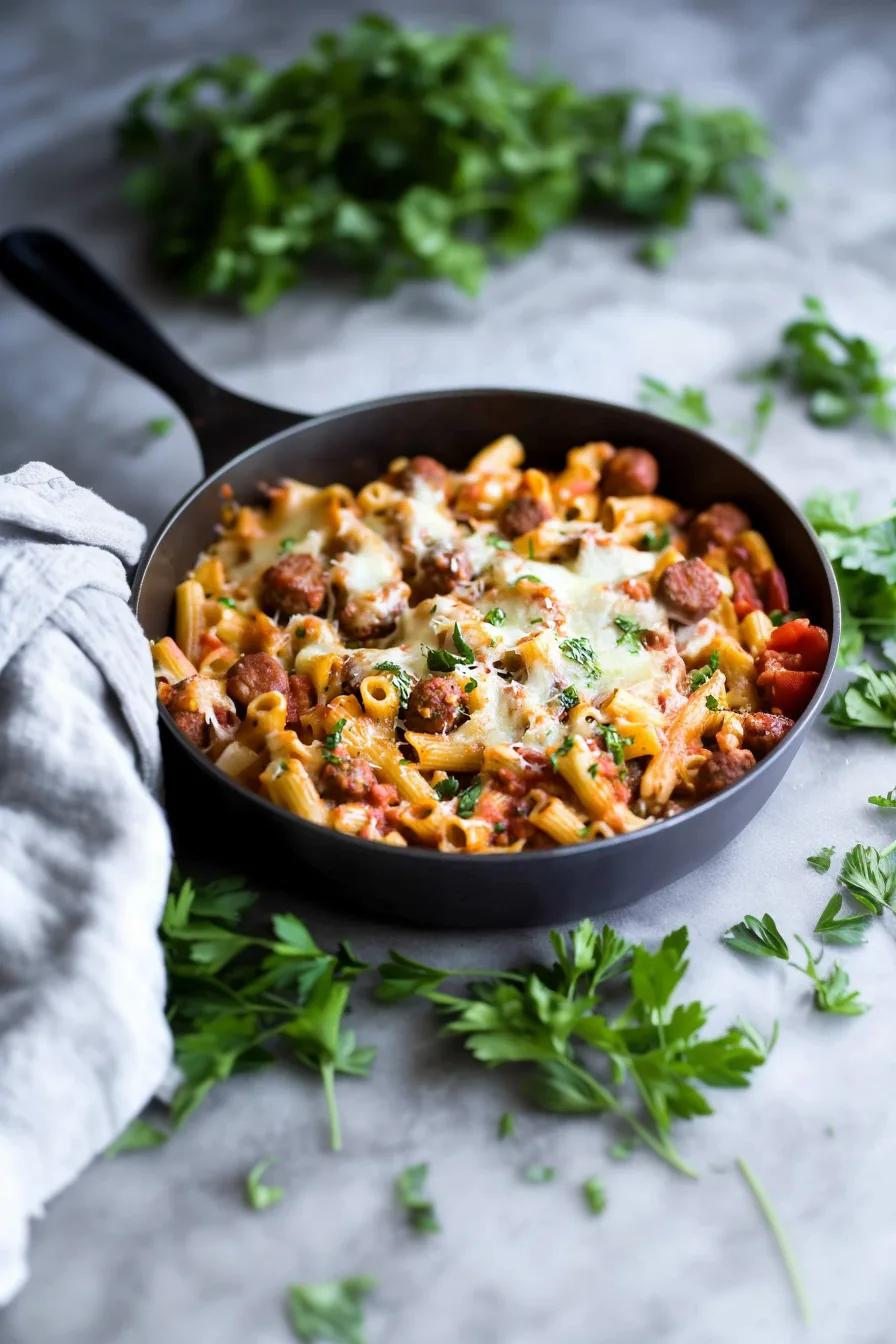 Hearty pasta topped with cooked sausage slices and a sprinkle of parsley.
