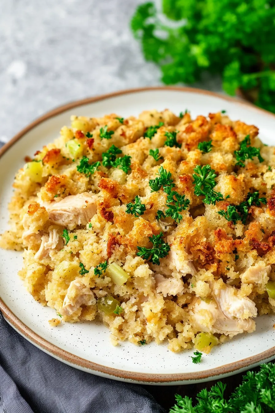 A plate of baked stuffing topped with golden, crispy crumbs and fresh parsley.