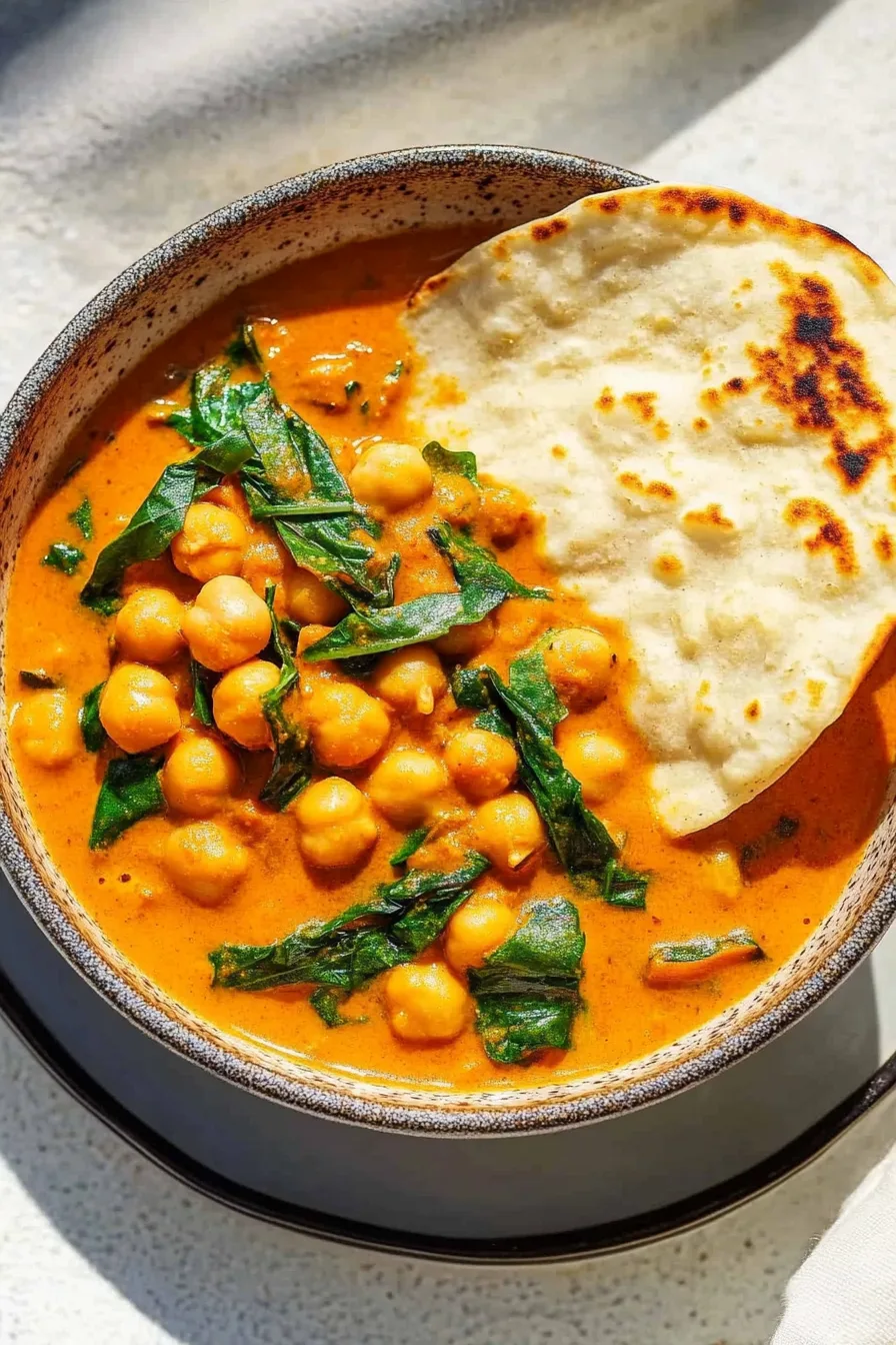 Close-up of tender chickpeas simmered in a rich, spiced sauce with leafy greens.