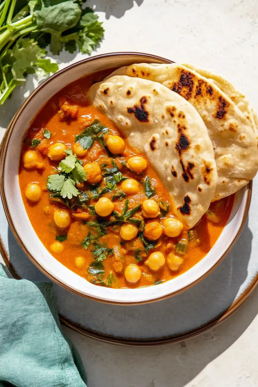 Overhead view of a hearty chickpea dish served with a charred piece of flatbread.