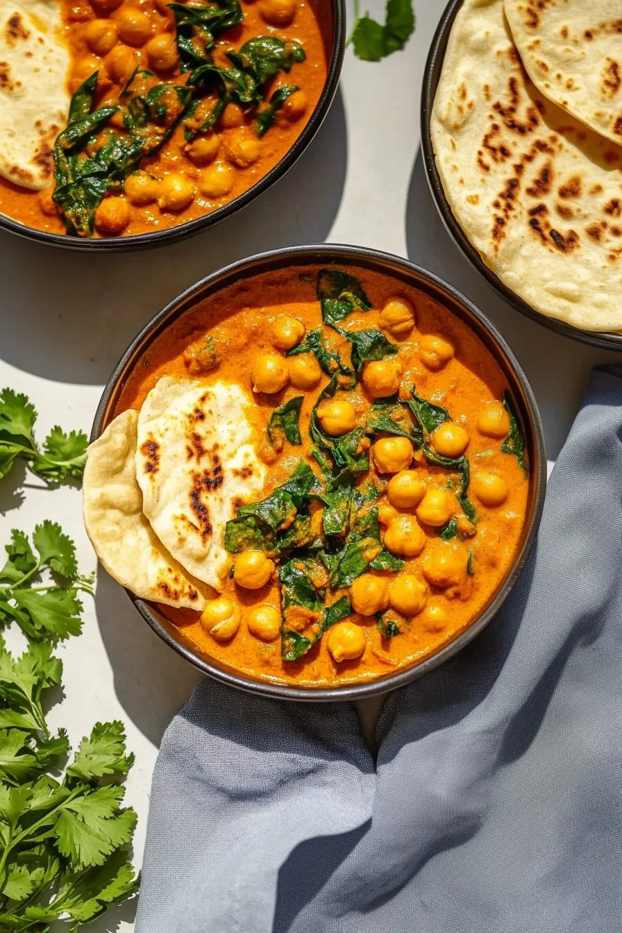 Final plated curry showing chickpeas in a smooth, vibrant sauce with flatbread tucked in.