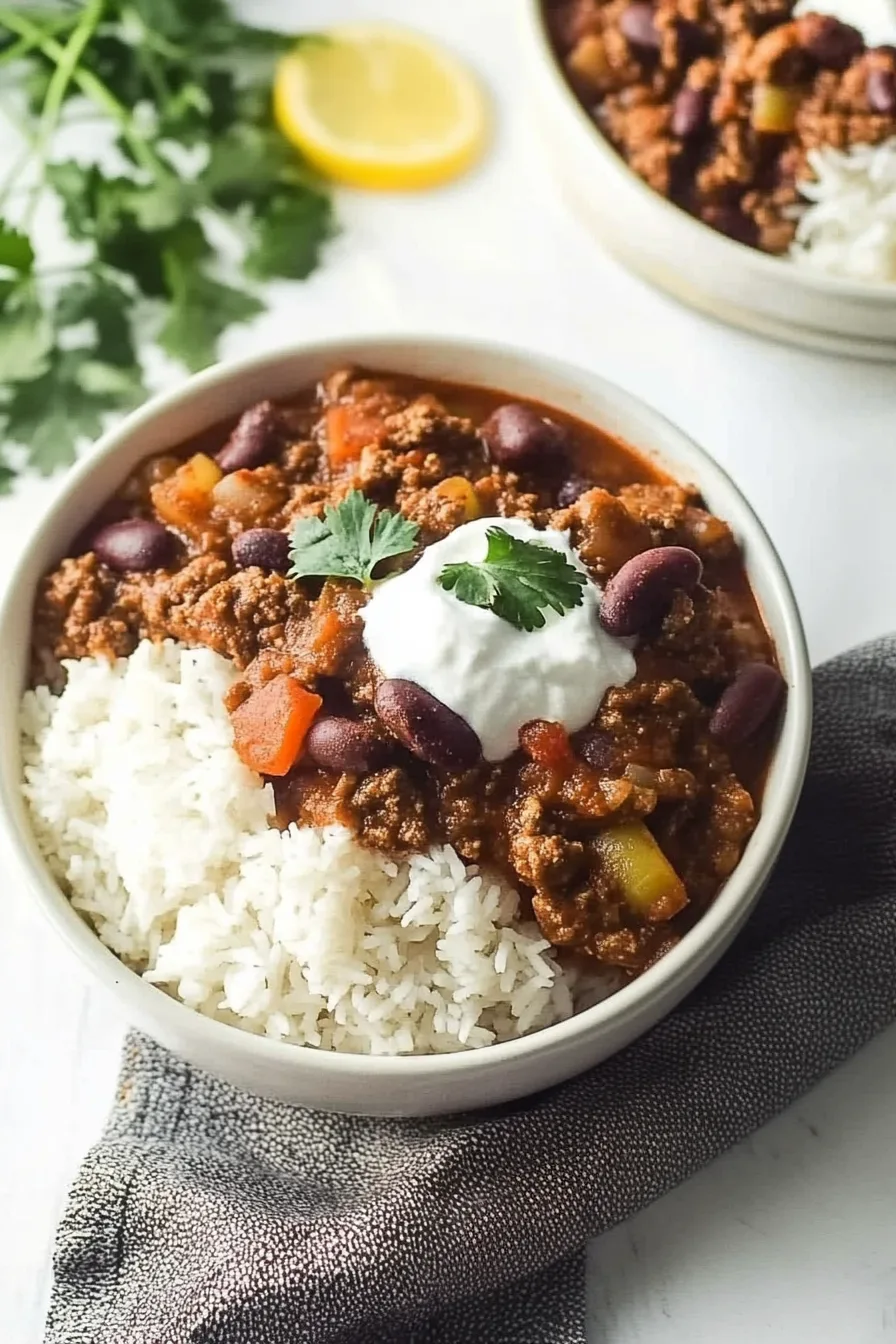Warm, spiced chili spooned over rice, garnished with a small amount of chopped herbs.