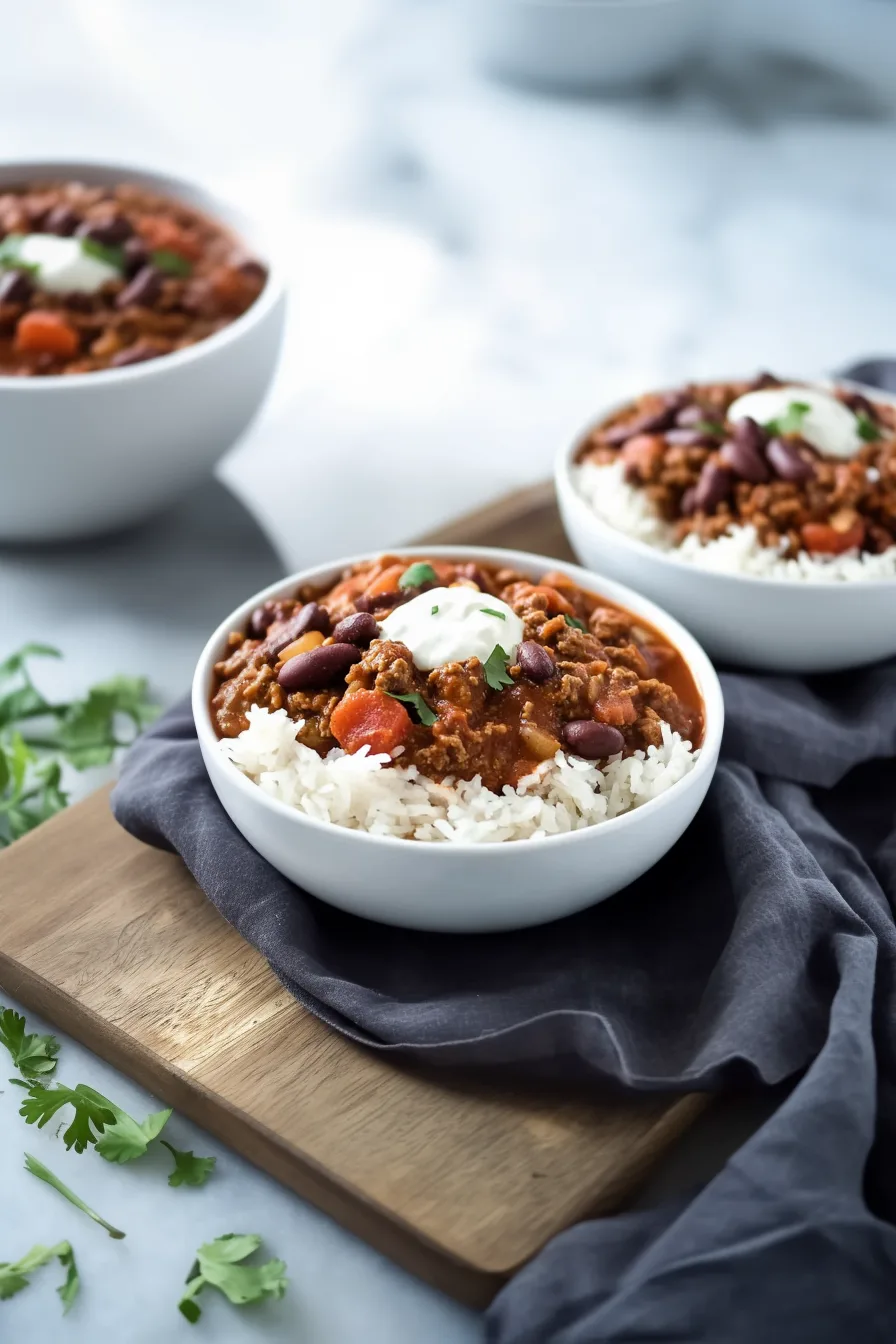 Creamy sour cream melting into a rich chili mixture served on a bed of rice.