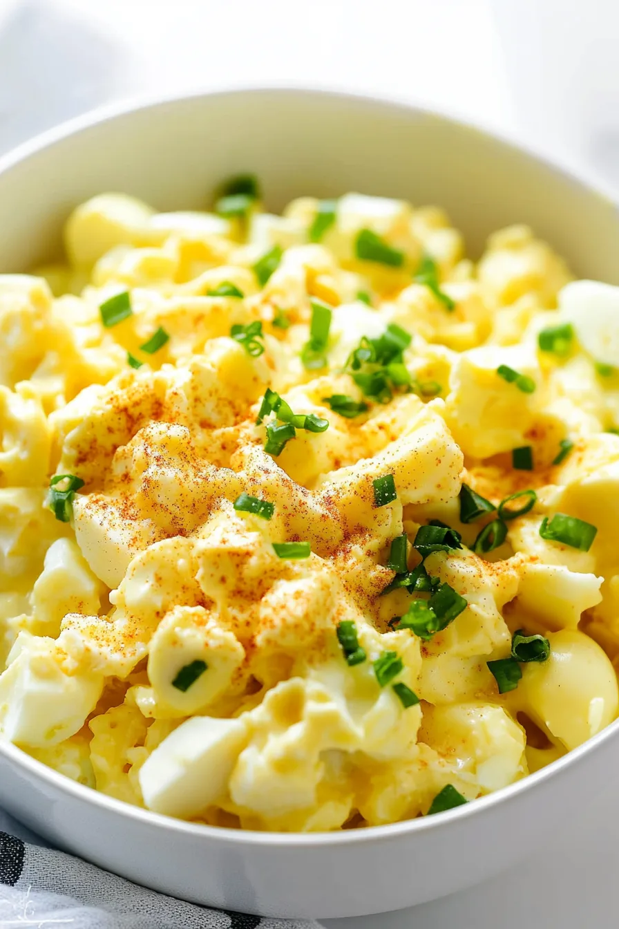 A bowl of creamy chopped eggs mixed with mayo and topped with fresh green onions.