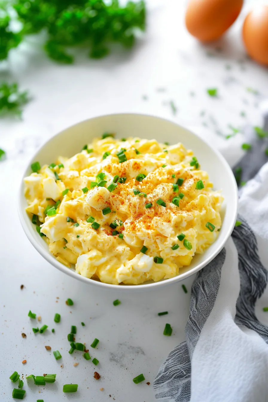 Soft, chunky egg salad served in a white bowl with herbs on top.