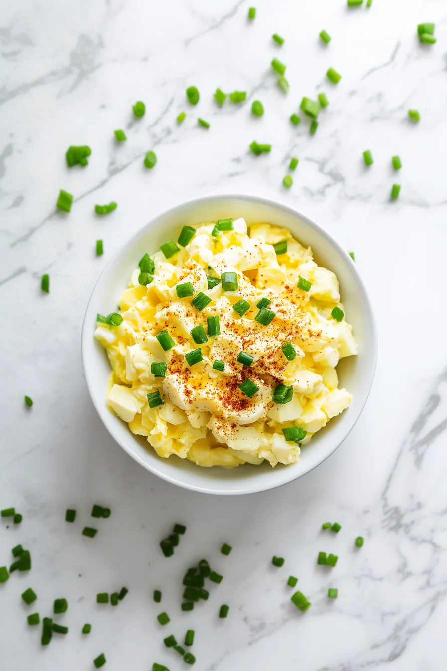Freshly prepared egg dish with a smooth, yellow dressing and green onion garnishes.