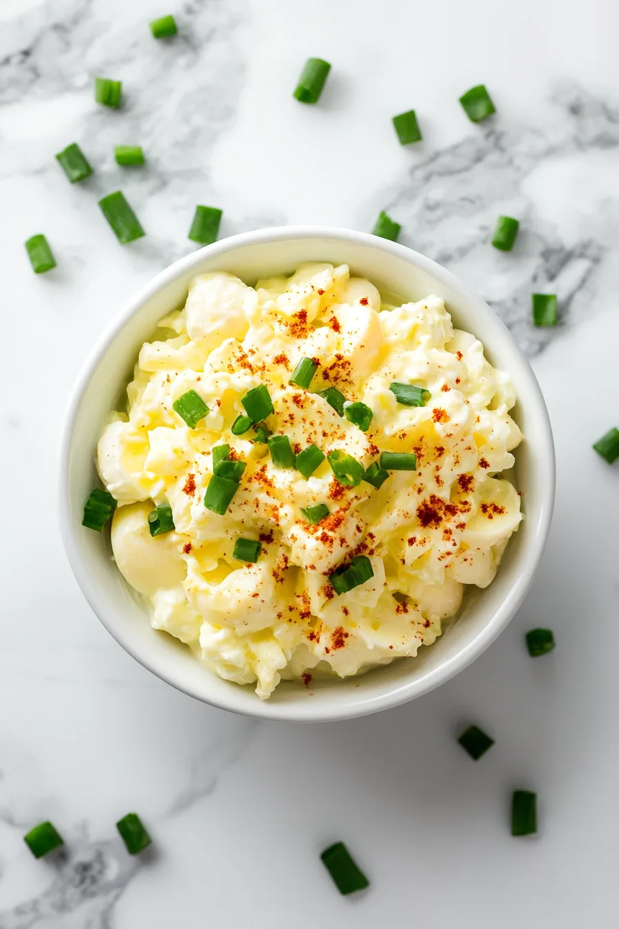 Creamy, lightly seasoned egg mixture showing tender pieces of chopped eggs and herbs