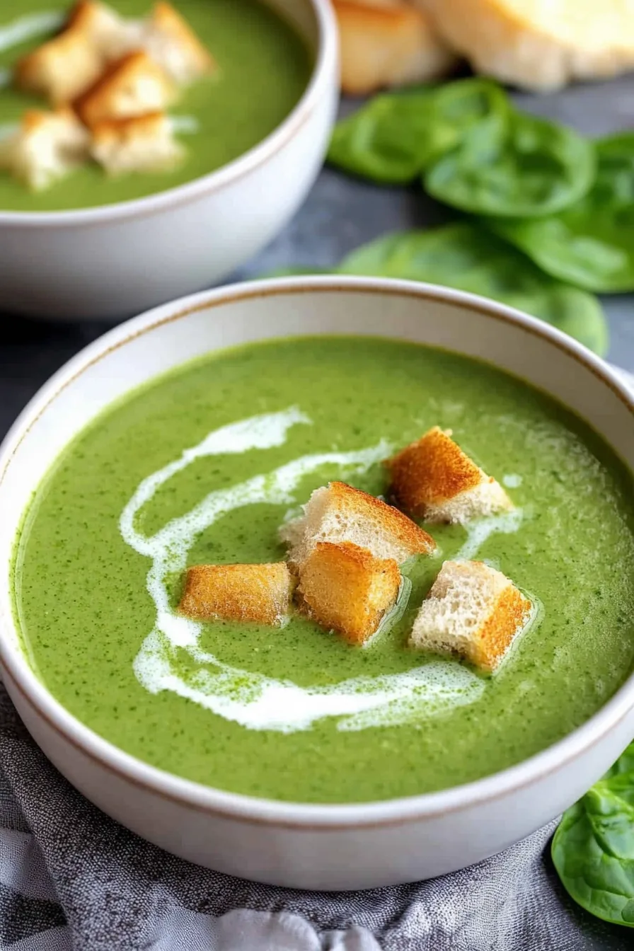 A bowl of creamy green soup with a smooth texture, served warm.