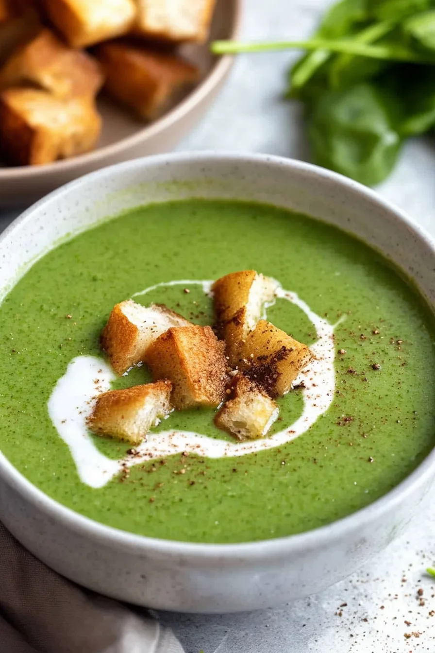Close-up of a velvety spinach-based soup topped with a light drizzle of cream.