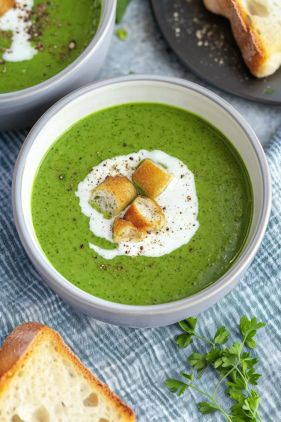 Overhead shot of a rich, blended green soup in a white bowl.