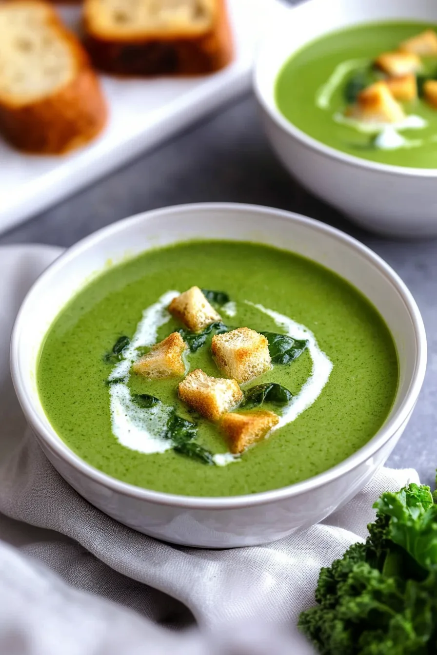 Final plated shot of a thick, vibrant green soup ready to enjoy.