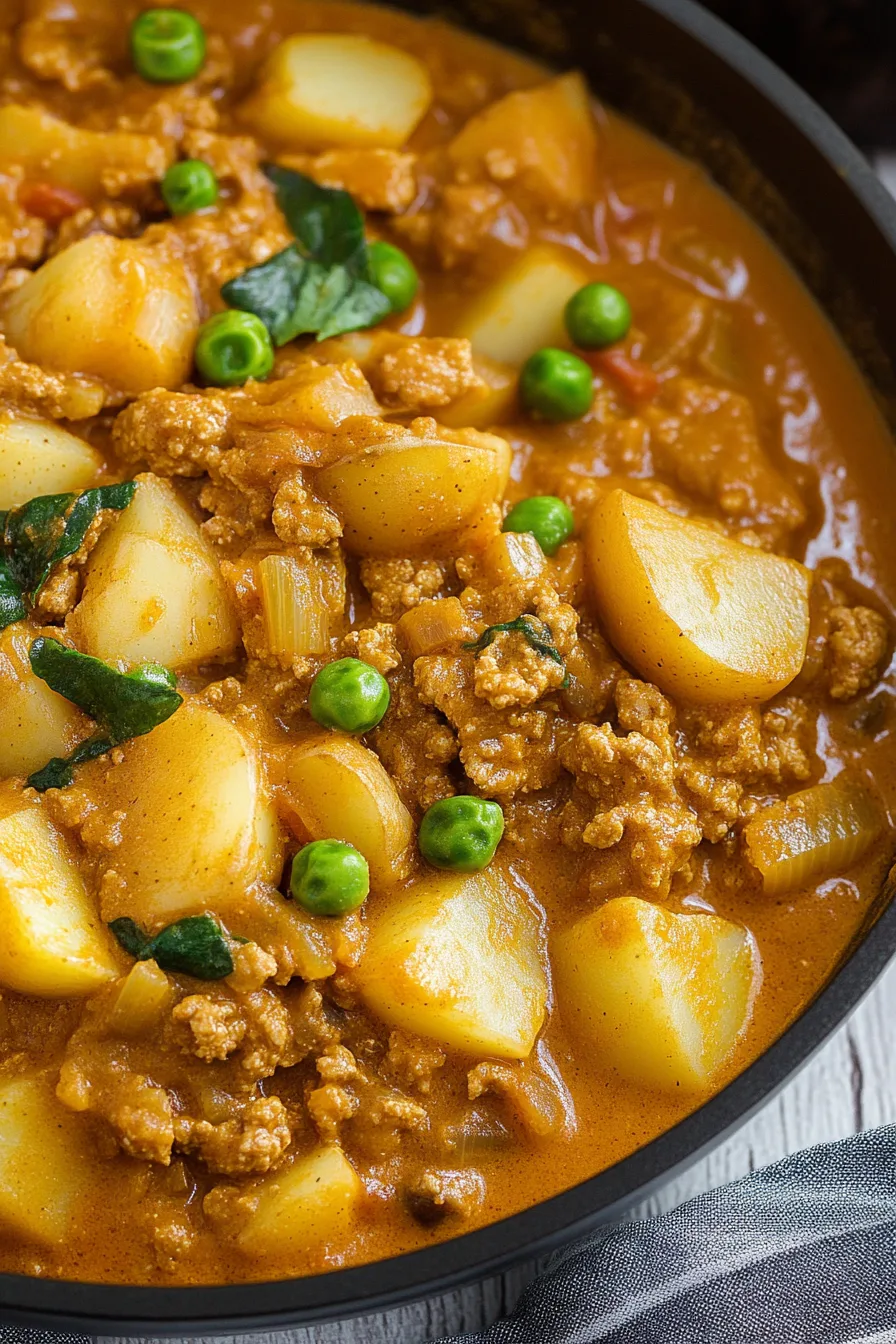 Close-up of a skillet filled with spiced ground turkey and vegetables.