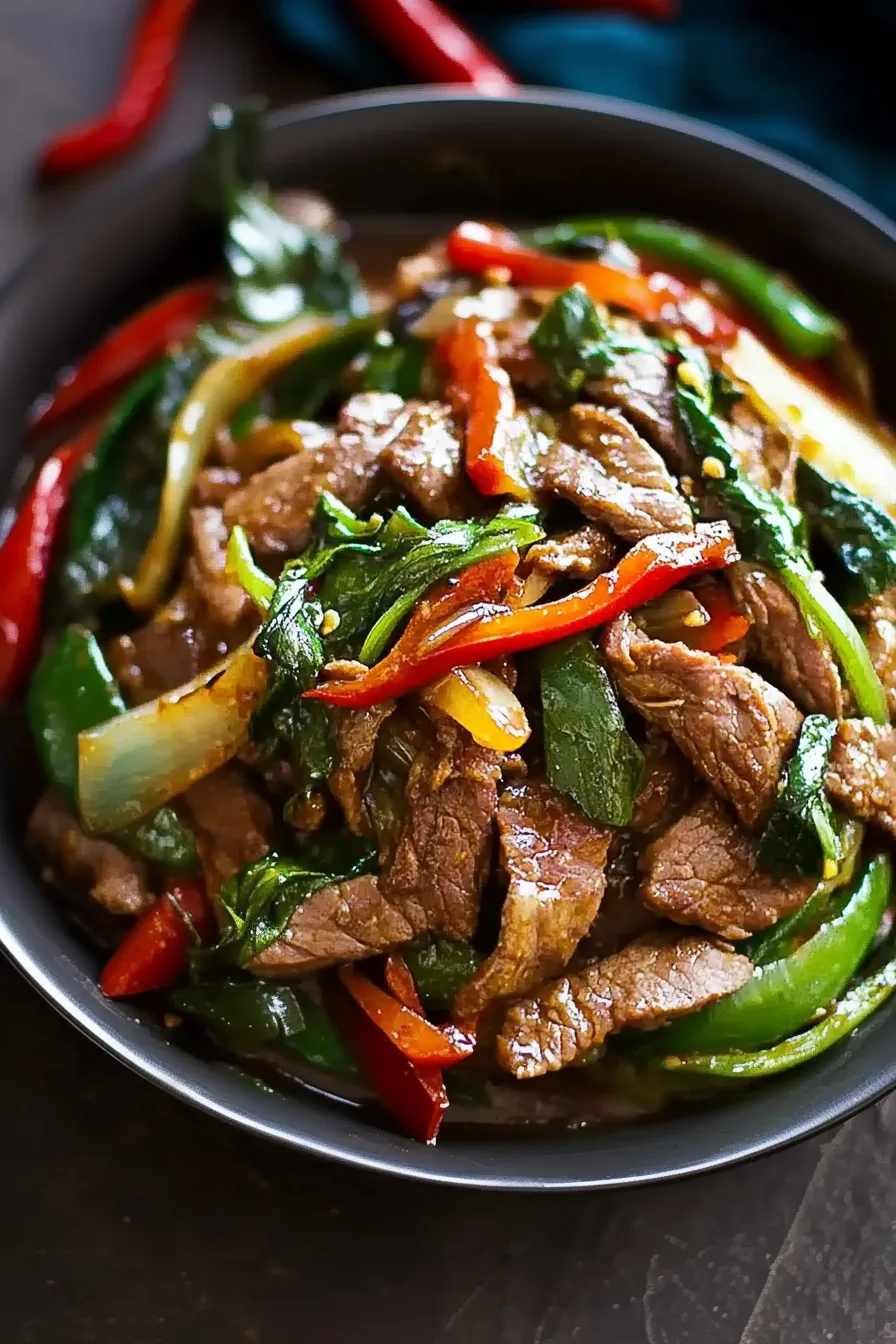 A plate of tender beef strips tossed with vegetables in a glossy ginger sauce.