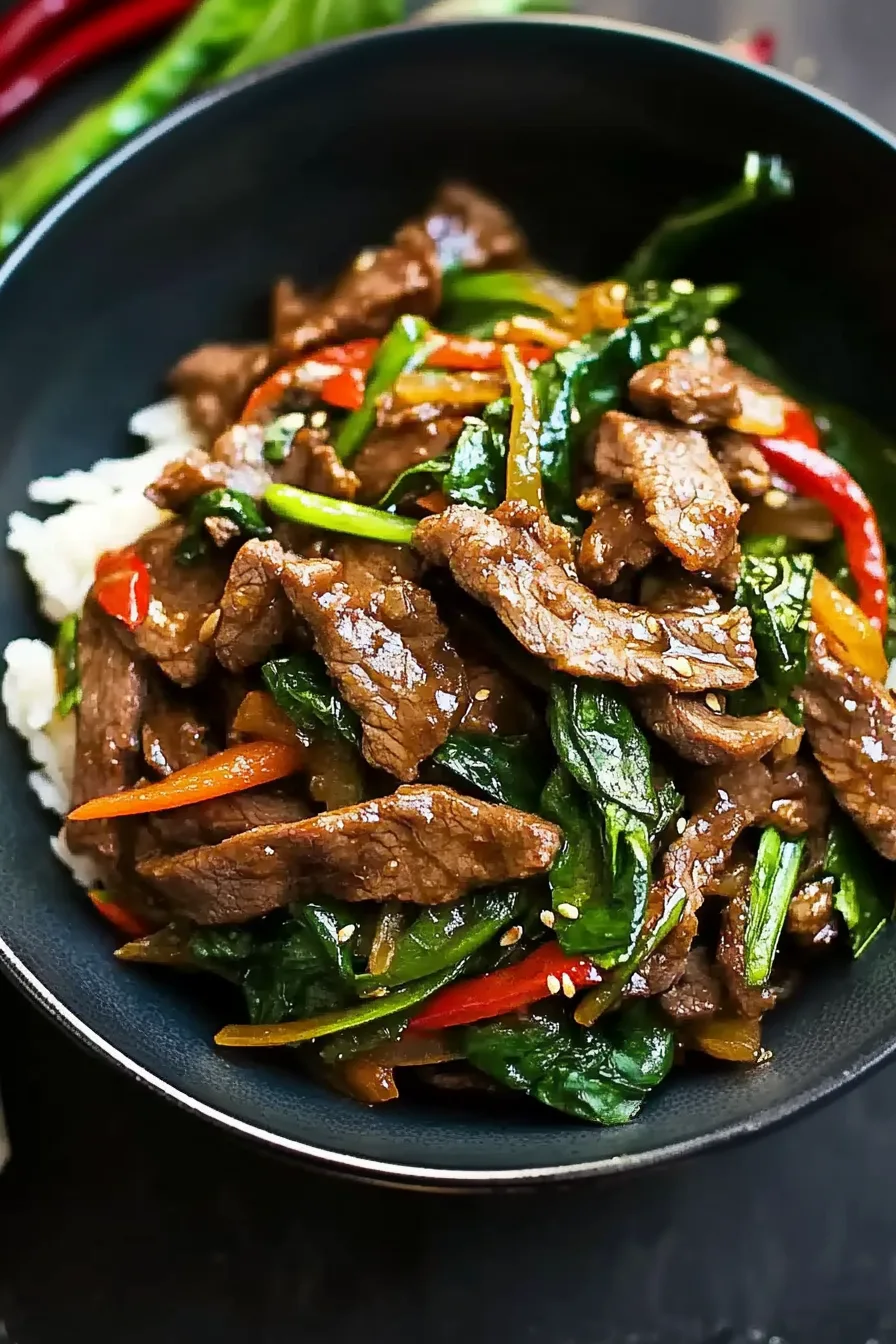 Final dish showing stir-fried beef mixed with peppers and onions, served warm.