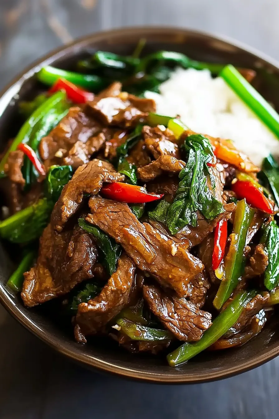 Close-up of sautéed beef and colorful veggies coated in a rich, flavorful glaze.