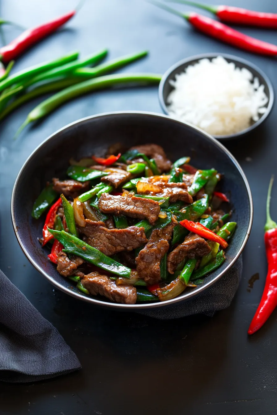 Overhead shot of a savory beef-and-veggie stir fry with a shiny, aromatic sauce.