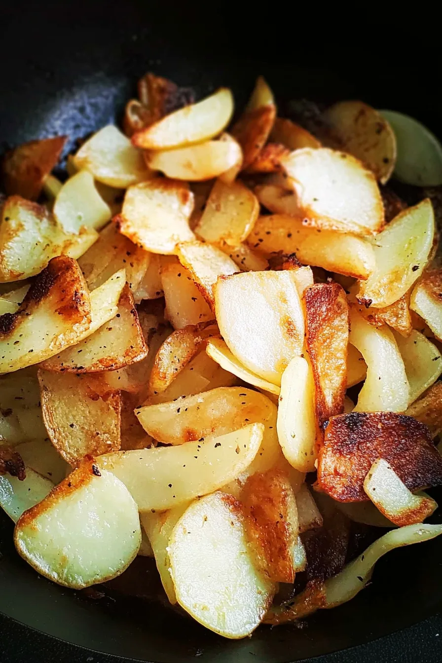 Golden, pan-fried potato cubes piled on a serving plate.