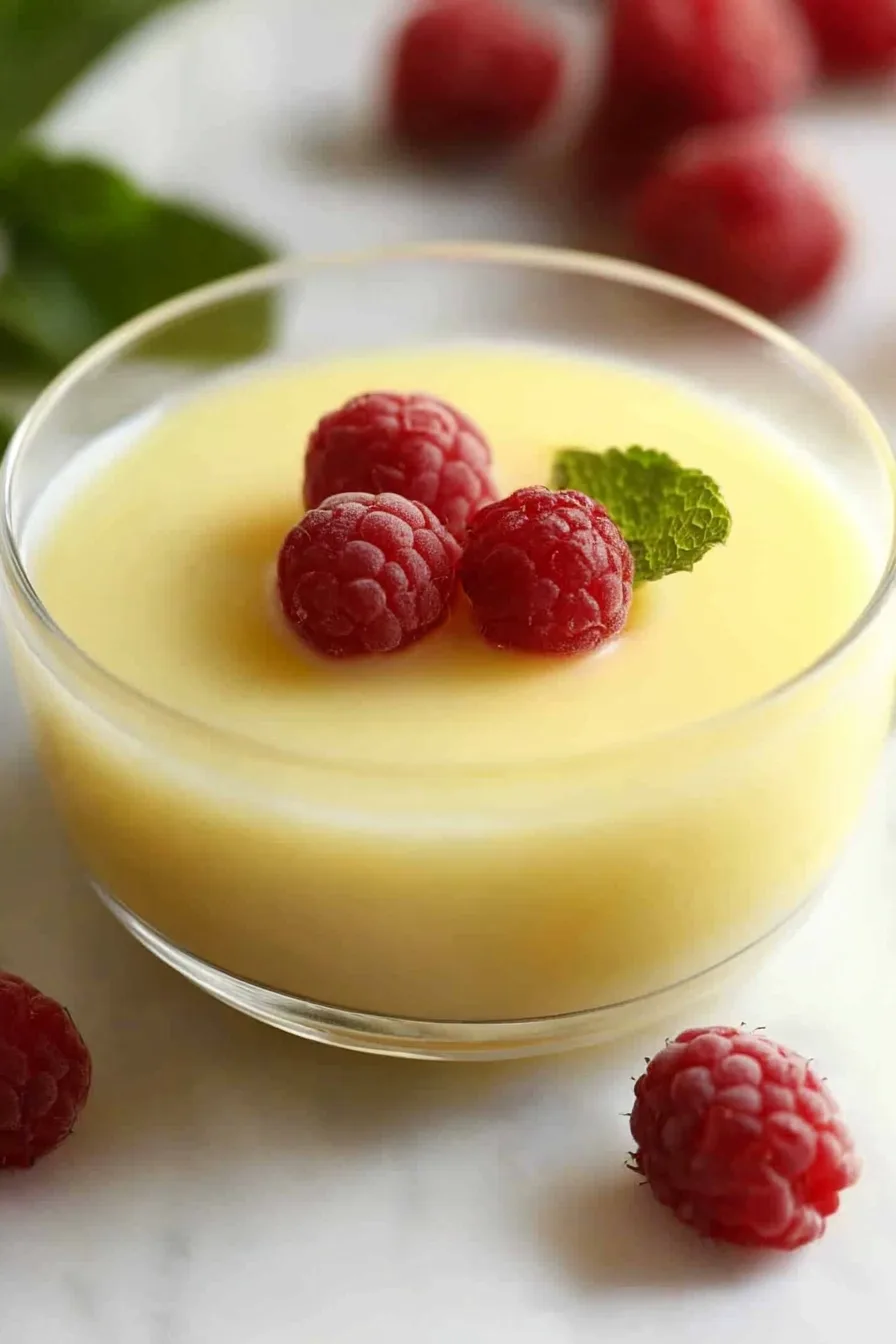 A smooth, pale yellow creamy dessert topped with fresh raspberries and a small mint leaf.