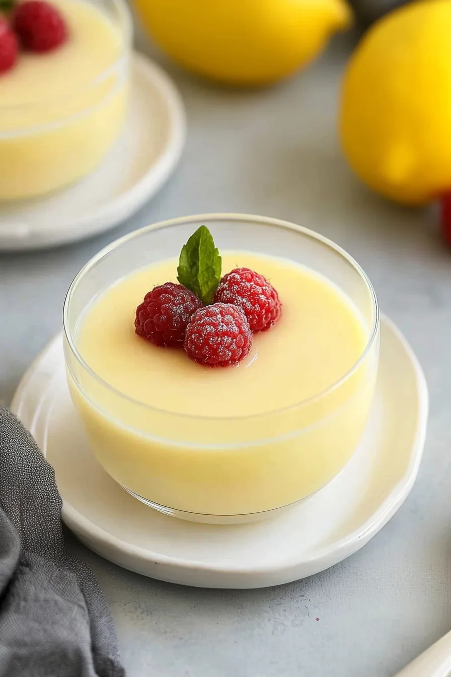 Creamy, spoonable dessert with a glossy surface, finished with raspberries and mint.