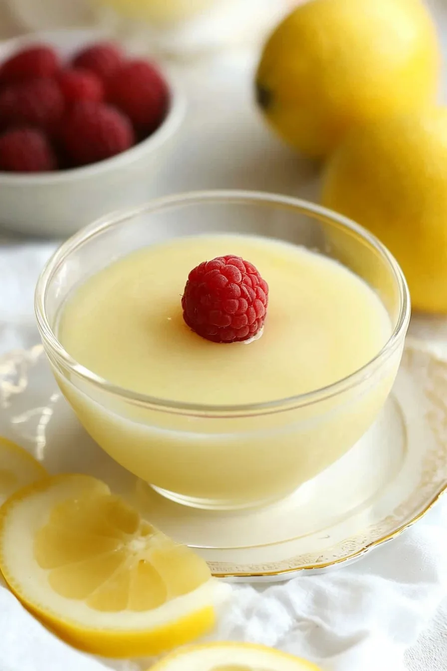 Overhead shot of a chilled creamy dessert garnished with raspberries.