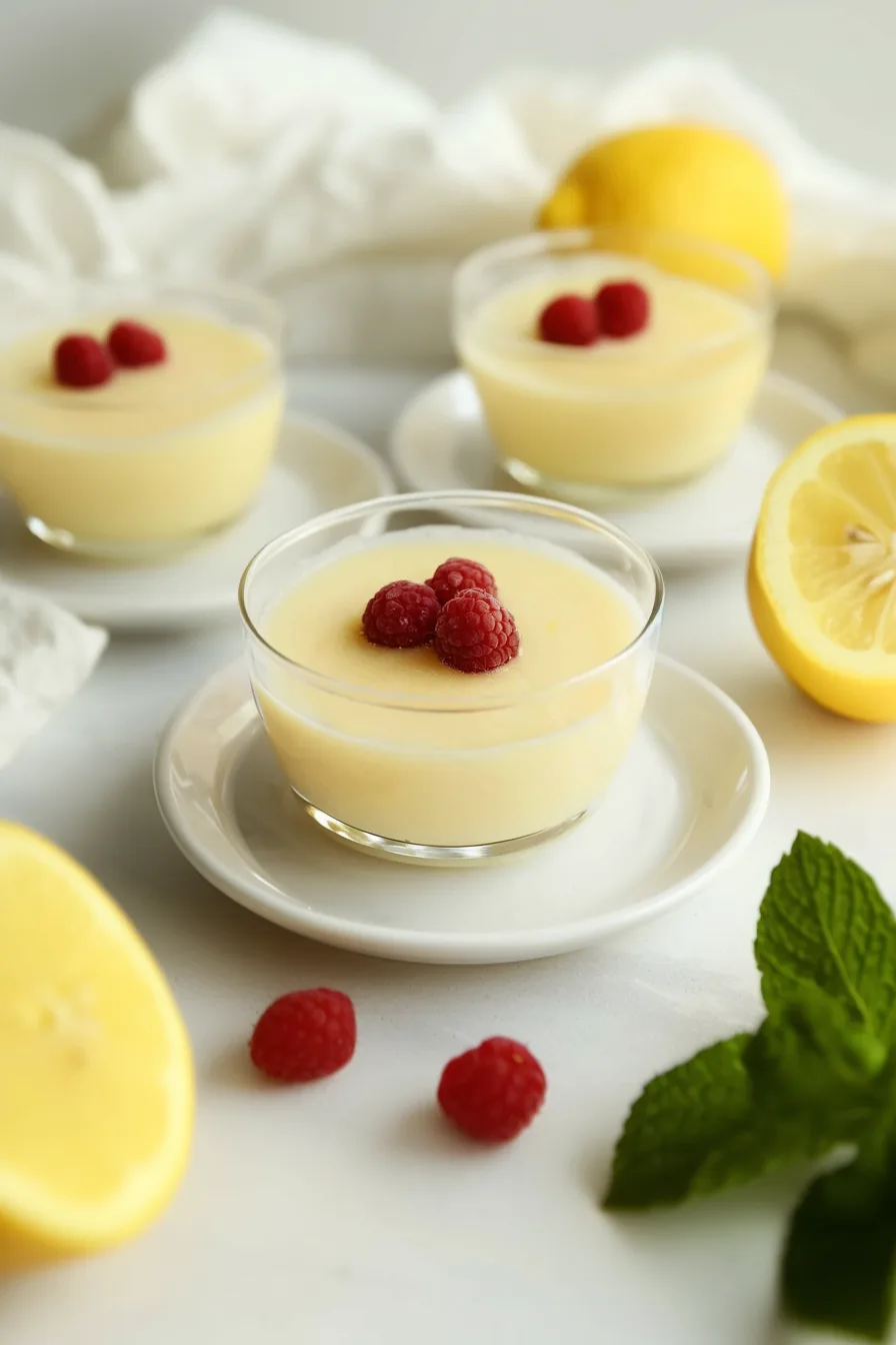 A simple glass bowl filled with a velvety lemon-colored dessert and fresh fruit on top.