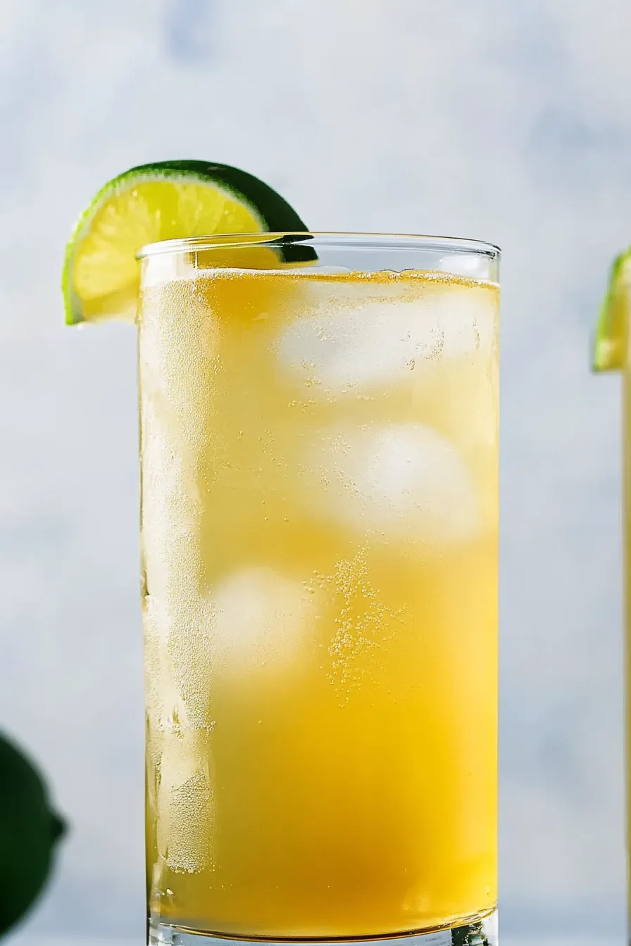 Iced mezcal shandy in a clear glass with fresh lime on top.