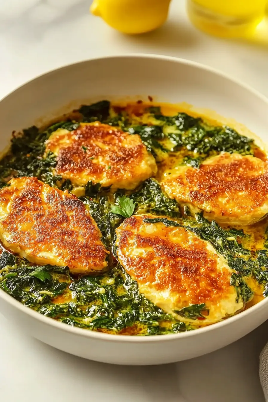 A warm skillet filled with velvety spinach and perfectly browned egg portions.