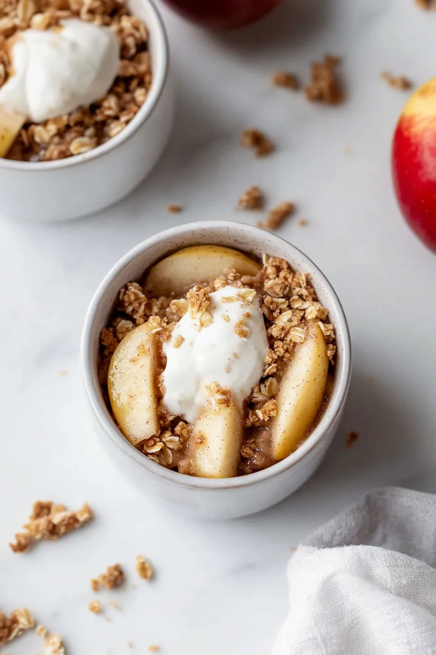 Golden oat crumble layered over tender apple slices in a ramekin.