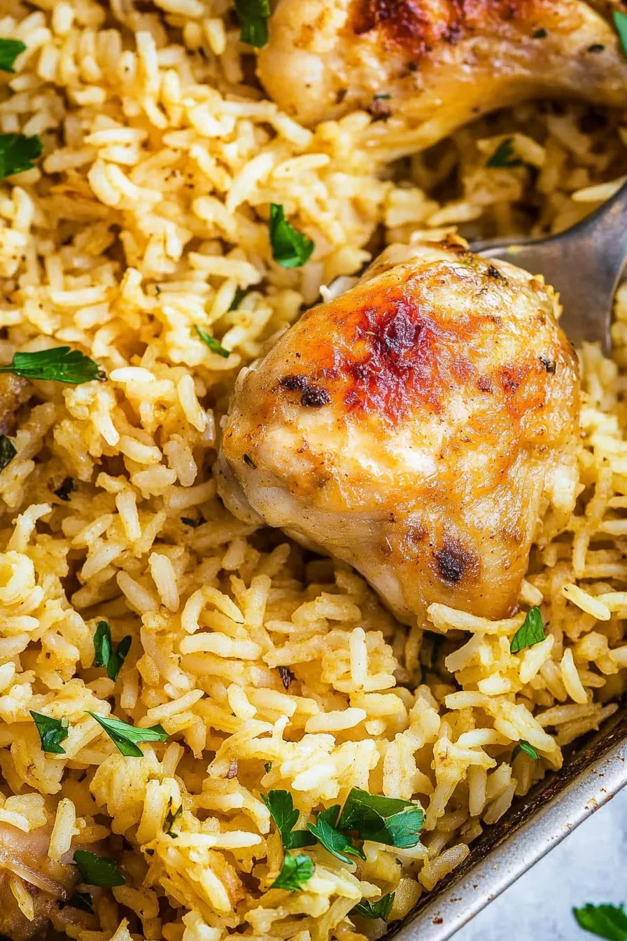 Golden, crispy chicken thighs served over fluffy seasoned rice.