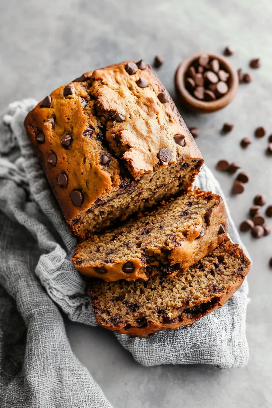A loaf sliced to show the moist interior with scattered chocolate chips.