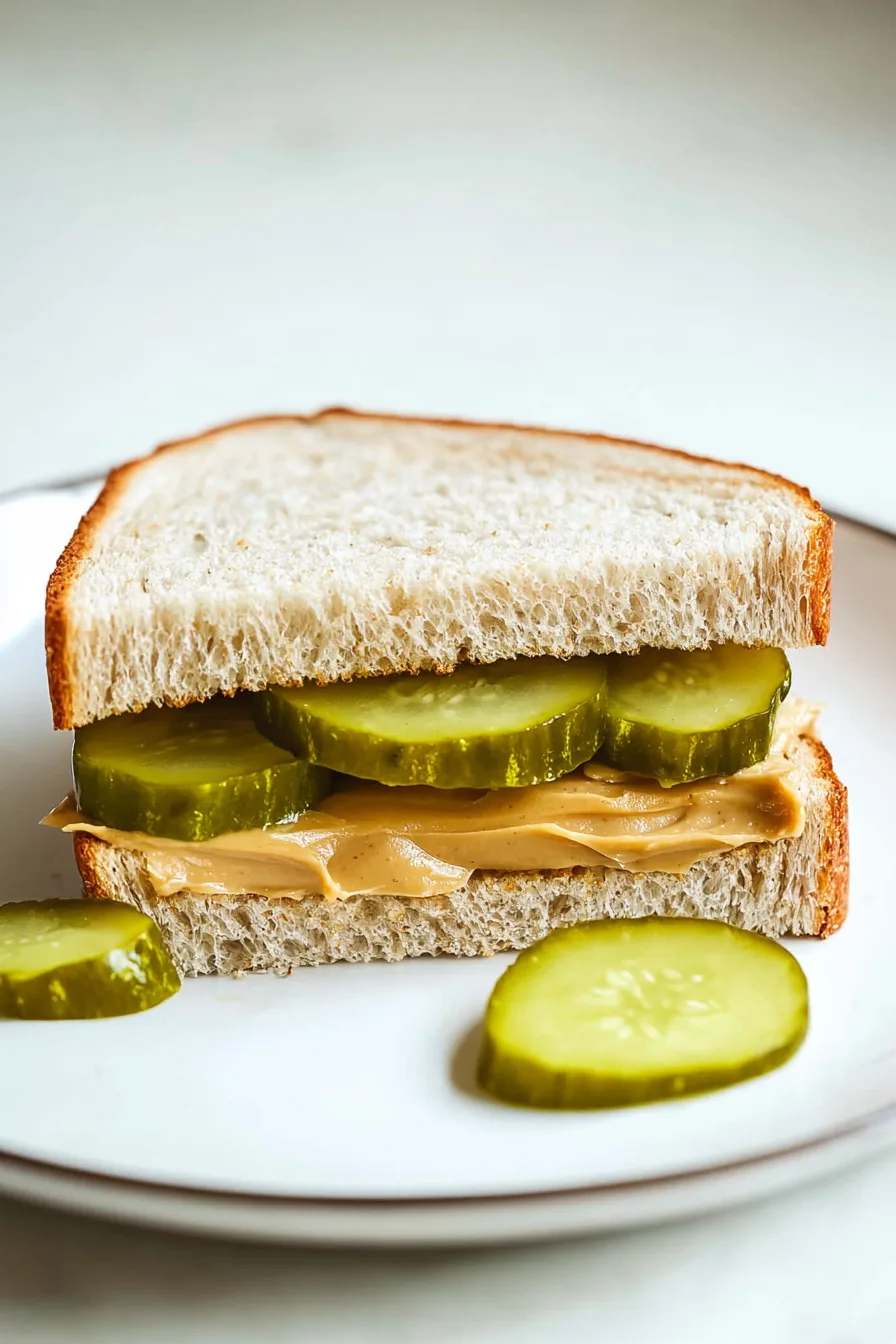 A toasted sandwich with peanut butter and pickles, served alongside a few extra pickle chips.