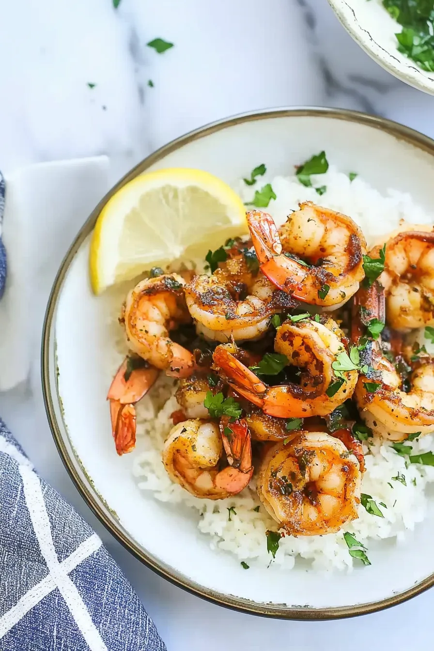 Seared shrimp seasoned with garlic and pepper, served over a bed of fluffy white rice.