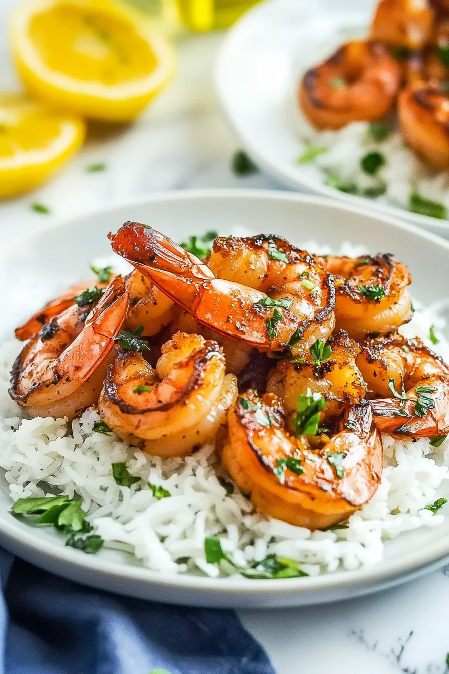 Close-up of golden, pan-cooked shrimp garnished with fresh herbs on top of rice.