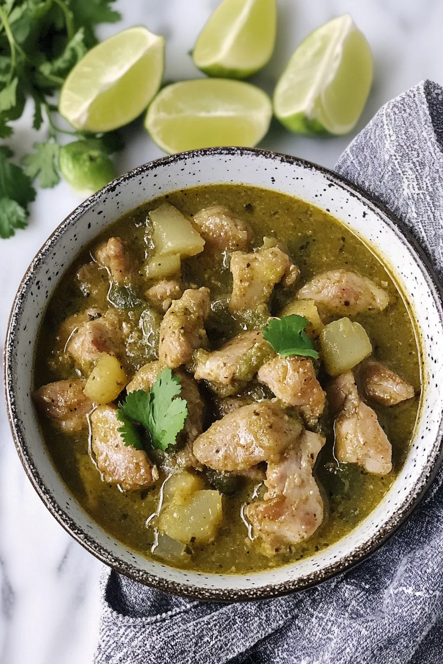 Warm, hearty green chili served in a rustic bowl with fresh cilantro leaves.