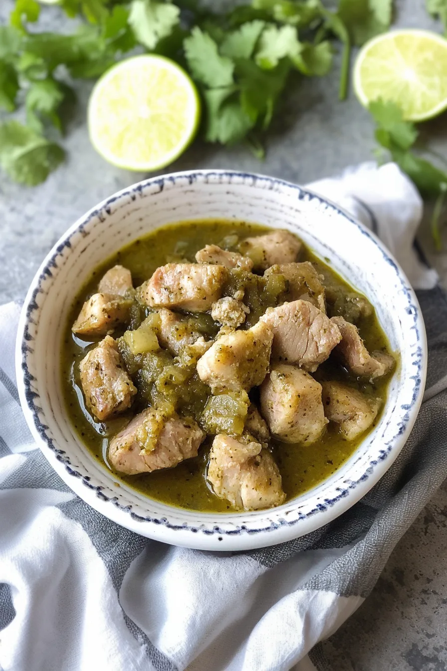 A bowl of tender pork and potatoes simmered in a green chile sauce, topped with cilantro.