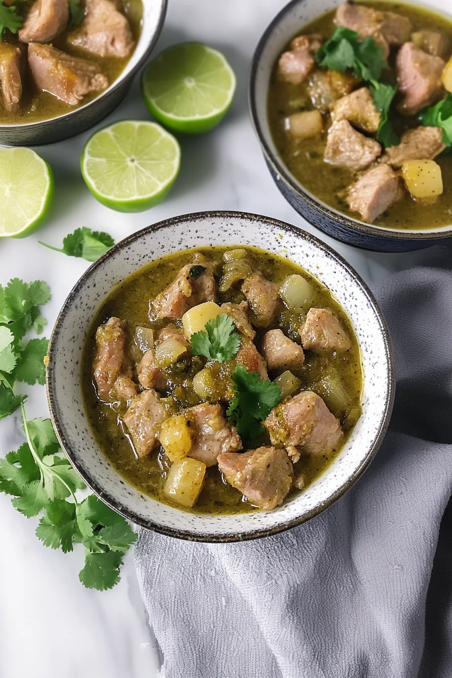 Chunks of pork cooked in a green sauce with potatoes and herbs.