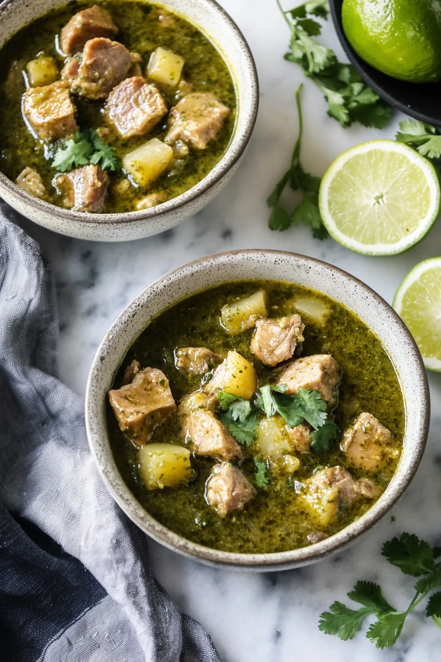 A comforting green chili stew with pork, potatoes, and a garnish of cilantro.