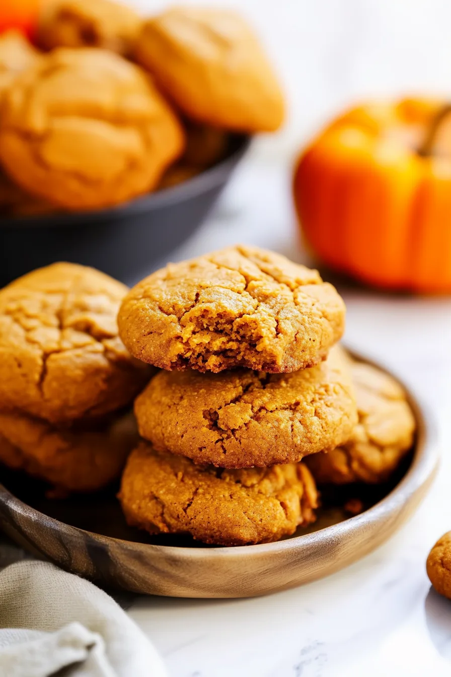 Soft, golden pumpkin cookies stacked on a plate with pumpkins in the background.