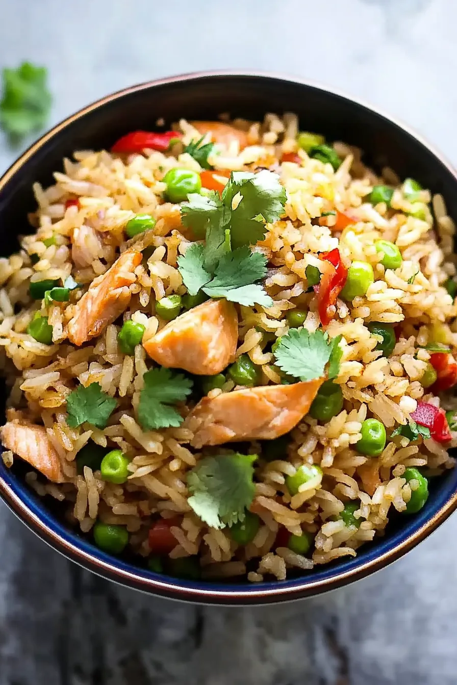A bowl of fried rice mixed with flaky salmon and colorful veggies, served warm on a plate.