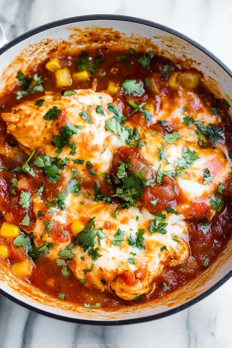 Close-up of shredded chicken mixed with tomatoes, onions, and herbs on a white dish.